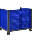 Heavy Duty Collapsible Bulk Container With Easy Access Doors Rock Solid HDPE Storage Tote, blue, stackable, holds 600 pounds.