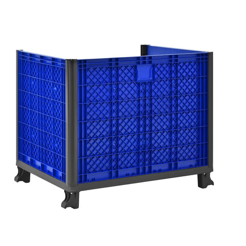 Heavy Duty Collapsible Bulk Container With Easy Access Doors Rock Solid HDPE Storage Tote, blue, stackable, holds 600 pounds.