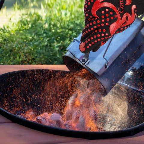 BBQ Gloves Heat Resistant Up To 1472 Fahrenheit Silicone Non Slip Long Kitchen Gloves handling hot coals for barbecue.