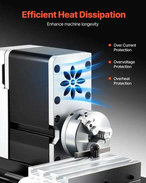 Didactical Mini Metal Lathe For DIY Projects showing heat dissipation feature with 3 jaw chuck and aluminum handwheel.