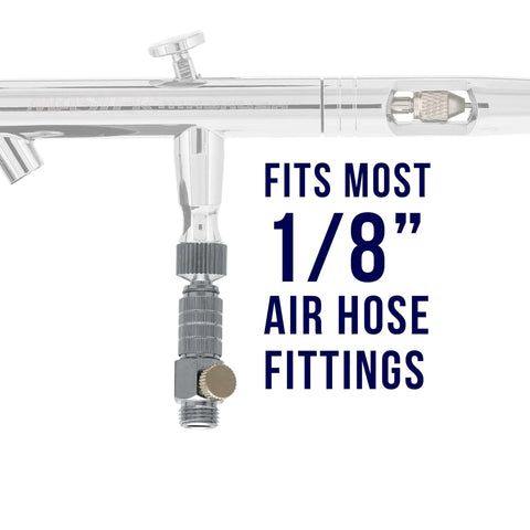 Clear Master Airbrush with metal quick-release coupling and airflow valve; 1/8" BSP air fittings, front view