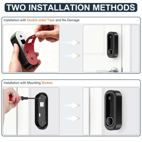 Adhesive No Drill Doorbell Camera Mount For Arlo Video Doorbell 2K Second Gen Weatherproof Bracket showing two installation methods.