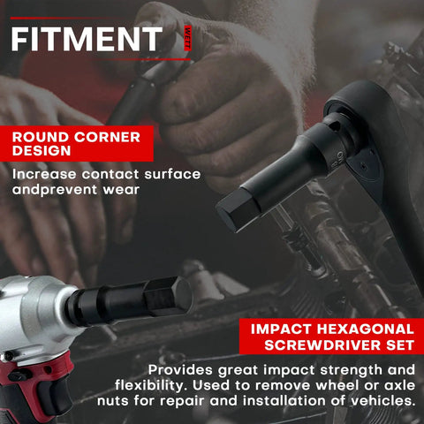 Close-up of Half Inch Drive Master Impact Hex Bit Set attached to wrench, highlighting round corner design and black oxide finish.