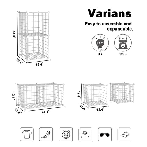 Diagram of Wire Cube Storage Organizer with 2 cubes, showing dimensions and assembly icons for home or office use.