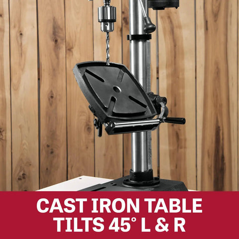 12-Inch Benchtop Drill Press With Variable Speed 530-3100 RPM, 1/2 HP, 115V Single Phase, Compact Cast Iron Base Fits Small Benches, Oversized Ergonomic Knobs, LED Work Light, And Retractable Roller Extension For Precise, Easy Drilling