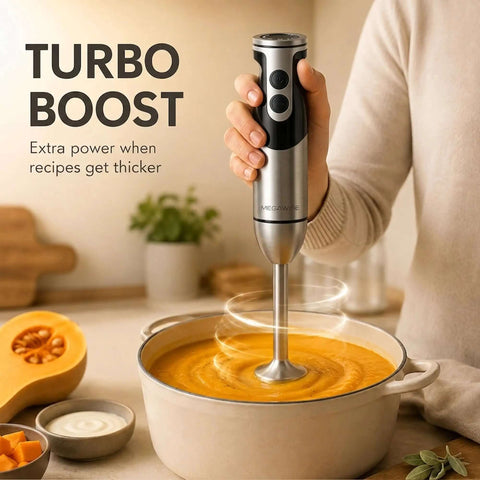Badass 3-In-1 Hand Blender Combines Immersion Mixer Electric Whisk And Milk Frother With 12-Speed Dial BPA-Free Stainless Steel Shaft For Daily Cooking in use blending soup.