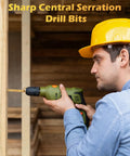 Person using drill with Titanium Coated HSS Twist Drill Bits Set, 8 Piece Hex Shank With Serrated Cutting For Wood Metal Plastic.