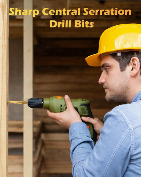 Person using drill with Titanium Coated HSS Twist Drill Bits Set, 8 Piece Hex Shank With Serrated Cutting For Wood Metal Plastic.