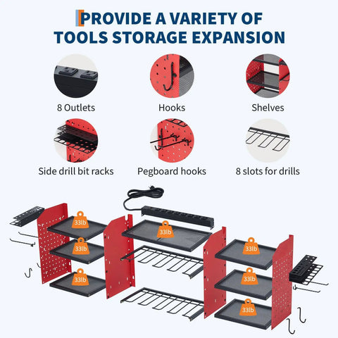Heavy Duty Wall Mount Power Tool Organizer With 3 Layer Garage Rack, 8 Outlets, 8 Drill Storage Slots, Hooks And Battery Charging Station For Tools