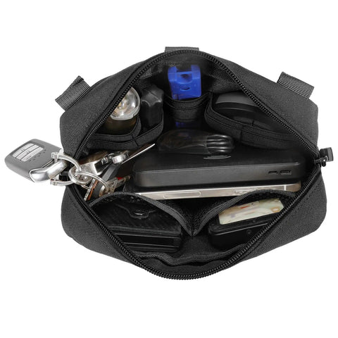 Open Tactical Molle Admin Pouch With Laser Cut PALS Panel Horizontal EDC Tool Bag showing internal compartments and stored items