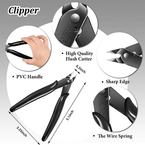 Close-up of clippers showing measurements and features for 12 Piece Metal Model Tool Set For DIY 3D Puzzles Includes Long Edge Bending Tools Tab Twisting Tool Cone Bend Aids Clipper And Four Metal Tweezers For Precise Assembly.