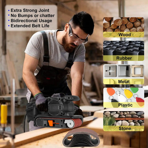 Workhorse Grade 3 X 21 Belt Sander Sanding Belts 100 Grit Aluminum Oxide Abrasive Strips shown on a sander for wood and metal.
