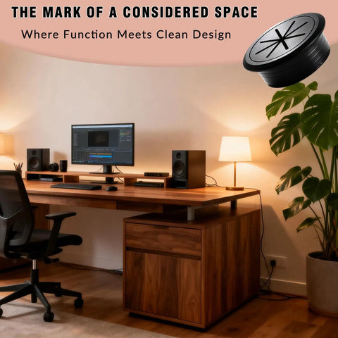 Slick Black Desk Grommet Kit Featuring Eight Two Inch Abs Covers And Soft Rubber Liners Plus Precision Hole Saw for clean cord management on a desk.