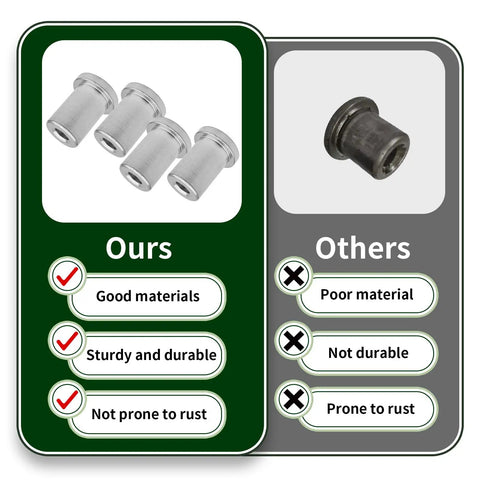 Heavy Duty Steel Weld Nuts 4 Pack Featuring 1/2-20 Thread And Extended Step Design For Chassis Fabrication and DIY Auto Builds, displayed in comparison with inferior nuts.