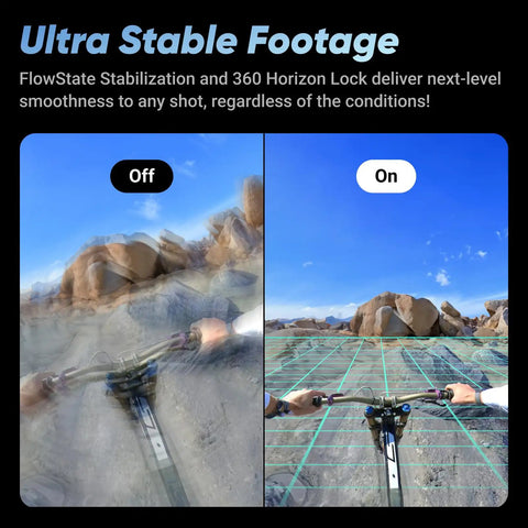 Image showing comparison of flowstate stabilization effect on X4 8K 360 Action Camera Bundle With Waterproof Build.