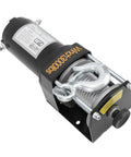 Durable 12V Electric Winch Kit With 3000lbs Load Bearing Power For Heavy Duty Towing And Off Road Rescue Jobs On Jeeps Trucks And Atvs Using Strong 1KW Motor And Smooth Planetary Gear Transmission, showing winch motor and hook.