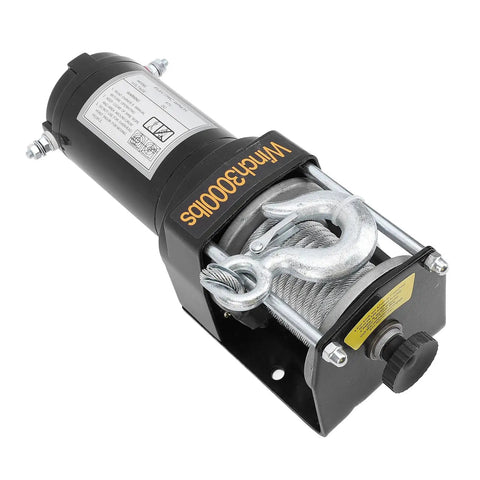 Durable 12V Electric Winch Kit With 3000lbs Load Bearing Power For Heavy Duty Towing And Off Road Rescue Jobs On Jeeps Trucks And Atvs Using Strong 1KW Motor And Smooth Planetary Gear Transmission, showing winch motor and hook.
