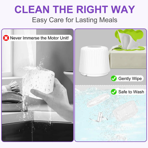 Cleaning instructions for Premium Electric Garlic Chopper; safe washing tips for motor unit and components.