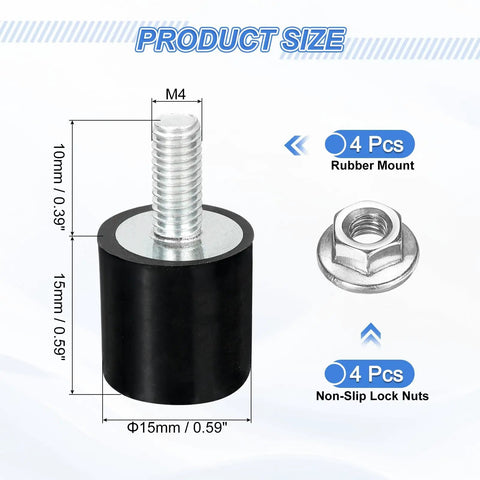 Heavy Duty Rubber Vibration Dampeners 4 Pack M4 Threaded Shock Absorbing Isolators Built Tough For Machinery Non-slip locking nuts and rubber mount dimensions.