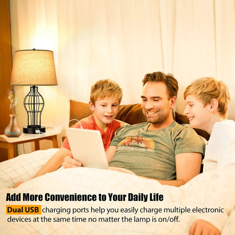 Family using devices with Set Of 2 Touch Control Table Lamps With USB Ports And 3 Way Dimmable Bedside Lights next to them