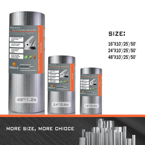 Three rolls of Double Sided Aluminum Foil Insulation with 3mm foam core in different sizes, showing labels and dimensions.