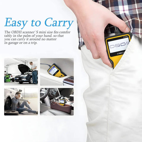 Person placing OBD2 Scanner Code Reader for Cars Read and Erase Fault Codes Check Engine Light Emission Monitor into pocket
