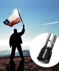 Individual holding flag at sunset with Eight Piece Color Guard Weight Anchor Set Featuring Sturdy Flag Pole Caps And Reliable Black White Electrical Tape For Marching Bands And Honor Guard Drills Delivering Hustle Free Setup And Legit Stability On Any Field.