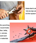 Heavy Duty Pro Grade Leather Hole Punch Tool Set With Revolving 6 Size Punches used on leather belt, close-up view