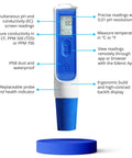 3 In 1 Temperature, EC PPM And pH Meter With Super Fast Readings, Bluetooth Data Sharing And In App Tracking, Replaceable Probe, Waterproof IP68 Durability For Tough Hydroponics And Lab Use, showing digital display and buttons.