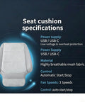 Custom Fit Breathable Ventilated Car Seat Pad For Chevrolet Volt Bolt Euv Blazer Ev specifications including USB power and mesh fabric.
