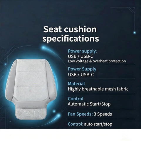 Custom Fit Breathable Ventilated Car Seat Pad For Chevrolet Volt Bolt Euv Blazer Ev specifications including USB power and mesh fabric.