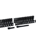 44 Piece 3/8 Inch Drive 6 Point Socket Set With Standard And Deep Impact Sockets In SAE And Metric Sizes For Auto Shop Jobs Built From Chrome Molybdenum Alloy Steel For Lasting Strength.