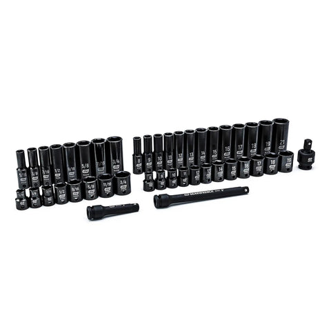 44 Piece 3/8 Inch Drive 6 Point Socket Set With Standard And Deep Impact Sockets In SAE And Metric Sizes For Auto Shop Jobs Built From Chrome Molybdenum Alloy Steel For Lasting Strength.