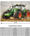 Green tractor on a field with sizing chart for carpets; dimensions listed in feet and centimeters. No visible rooster theme.