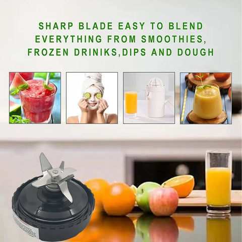 Six Fin Blender Extractor Blade Assembly Replacement For 16oz Cups with fruit and smoothie images.