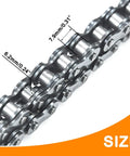 Close-up of 420 Drive Chain 32 Link With Master Link For Coleman Powersports showing dimensions 6.2mm and 7.9mm, metal links visible