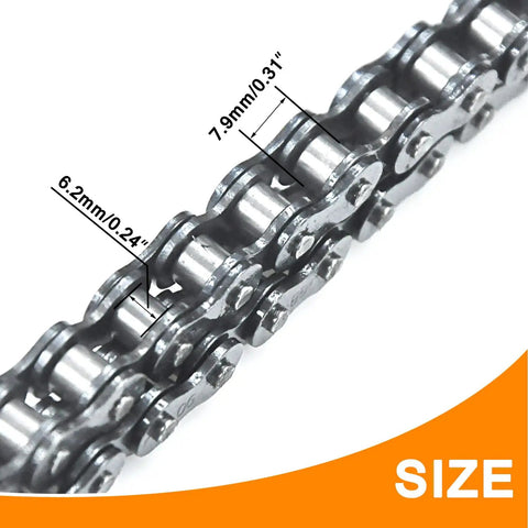 Close-up of 420 Drive Chain 32 Link With Master Link For Coleman Powersports showing dimensions 6.2mm and 7.9mm, metal links visible