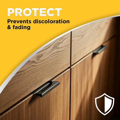 Close-up of a wood cabinet showing handles and grain, emphasizing protection from fading and discoloration with Heavy Duty Wood Repair Kit And Cabinet Cleaner Featuring Furniture Markers Straight Up Easy For Erasing Scratches And Built Up Grime On Tables And Desks While Dropping A Killer Finish That Looks Brand New Every Single Time.