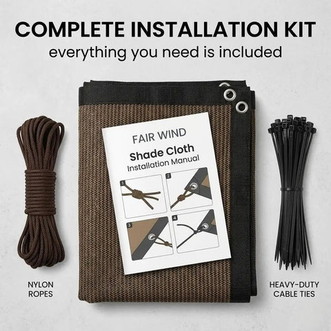 Tough As Nails Ninety Percent UV Blocking Sun Shade Cloth With Upgraded Grommets 6 By 10 Foot Outdoor Sun Screen Fabric installation kit including ropes, cable ties, and manual.