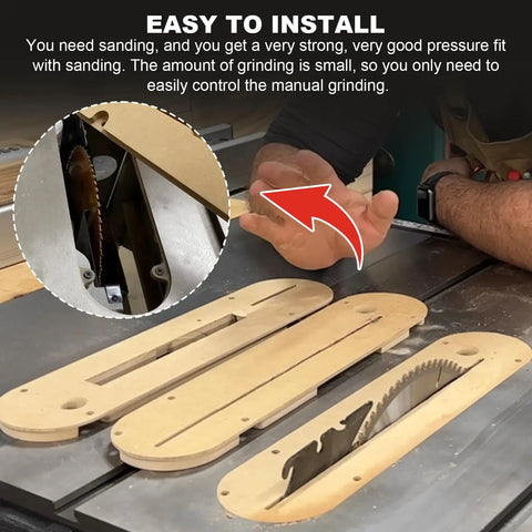 10 Inch MDF Dado Throat Plate Insert for Contractor Table Saws Replacement Cover on workbench with easy install guide