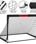 Two 4x3 Ft Portable Pop Up Soccer Goals Backyard Training Set With Ball Pump Cones Ground Nails And Carry Bag For Kid Friendly Outdoor Play And Youth Soccer Practice Kit example showing fiberglass pole, fabric net, and metal brackets.