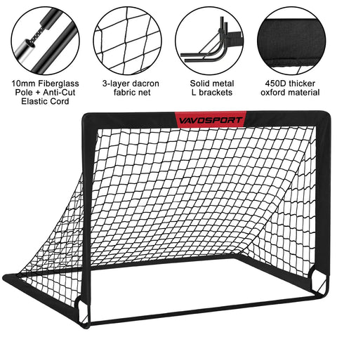 Two 4x3 Ft Portable Pop Up Soccer Goals Backyard Training Set With Ball Pump Cones Ground Nails And Carry Bag For Kid Friendly Outdoor Play And Youth Soccer Practice Kit example showing fiberglass pole, fabric net, and metal brackets.
