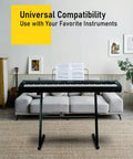 Z Style Keyboard Stand With Adjustable Width For 61 And 88 Key Keyboards in living room, supporting black digital piano.