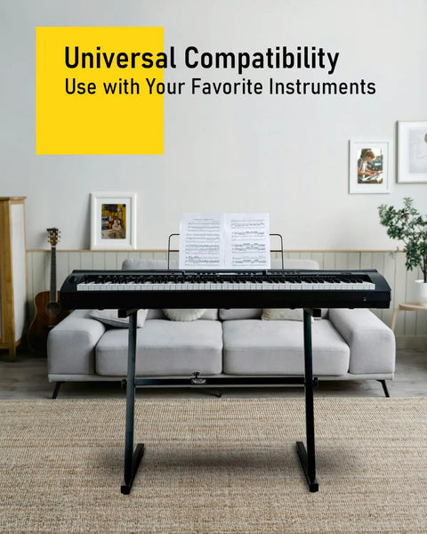 Z Style Keyboard Stand With Adjustable Width For 61 And 88 Key Keyboards in living room, supporting black digital piano.
