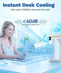 Four In One Portable Evaporative Air Cooler With Ice Water Cooling Mist on desk, emitting cold air beside a woman using a laptop.