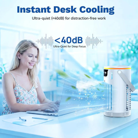 Four In One Portable Evaporative Air Cooler With Ice Water Cooling Mist on desk, emitting cold air beside a woman using a laptop.