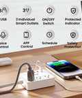 Smart Power Strip With 3 WiFi Outlets And 3 USB Ports in use on a desk, connected to devices, demonstrating hands-free voice control functionality.