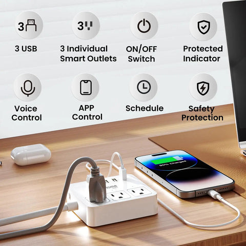 Smart Power Strip With 3 WiFi Outlets And 3 USB Ports in use on a desk, connected to devices, demonstrating hands-free voice control functionality.