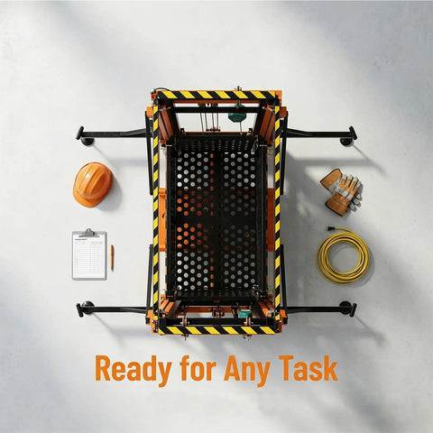 Heavy Duty Electric Scaffolding Lift Platform 1100 Lb Capacity 16.4 Ft Vertical Rise viewed from above with accessories.