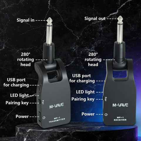 Wireless Guitar System With 2.4G Tech, Cordless Transmitter And Receiver, charging ports displayed on a black background